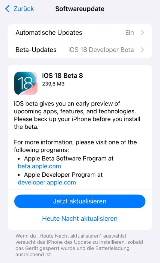 乐至苹果手机维修分享苹果 iOS / iPadOS 18 开发者预览版 Beta 8 发布 